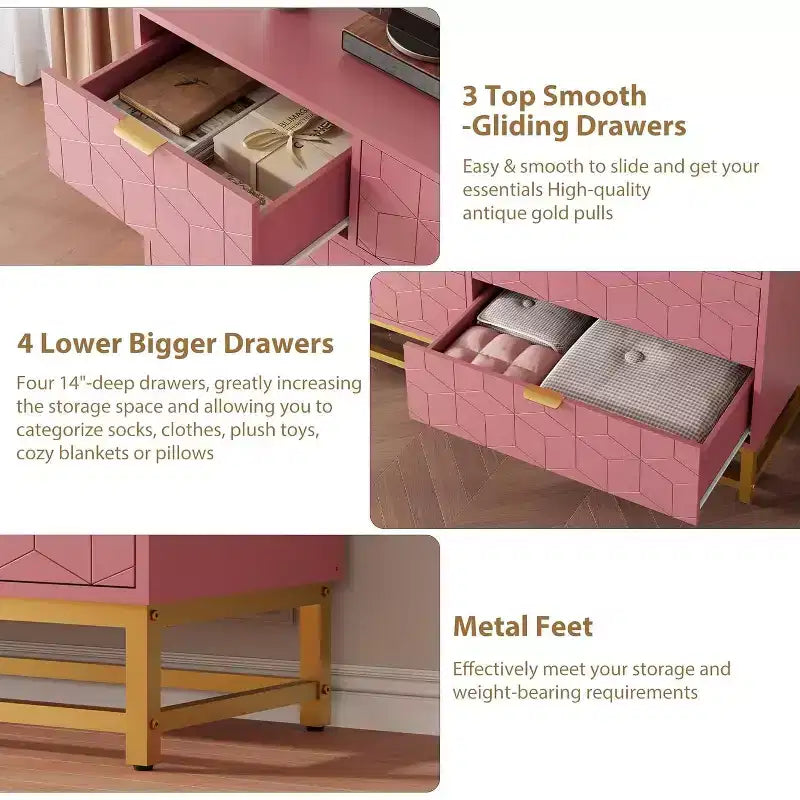53.5 Modern 7-Drawer Dresser with Gold Handles, Wide Storage Organizer for Bedroom, Living Room and Entryway