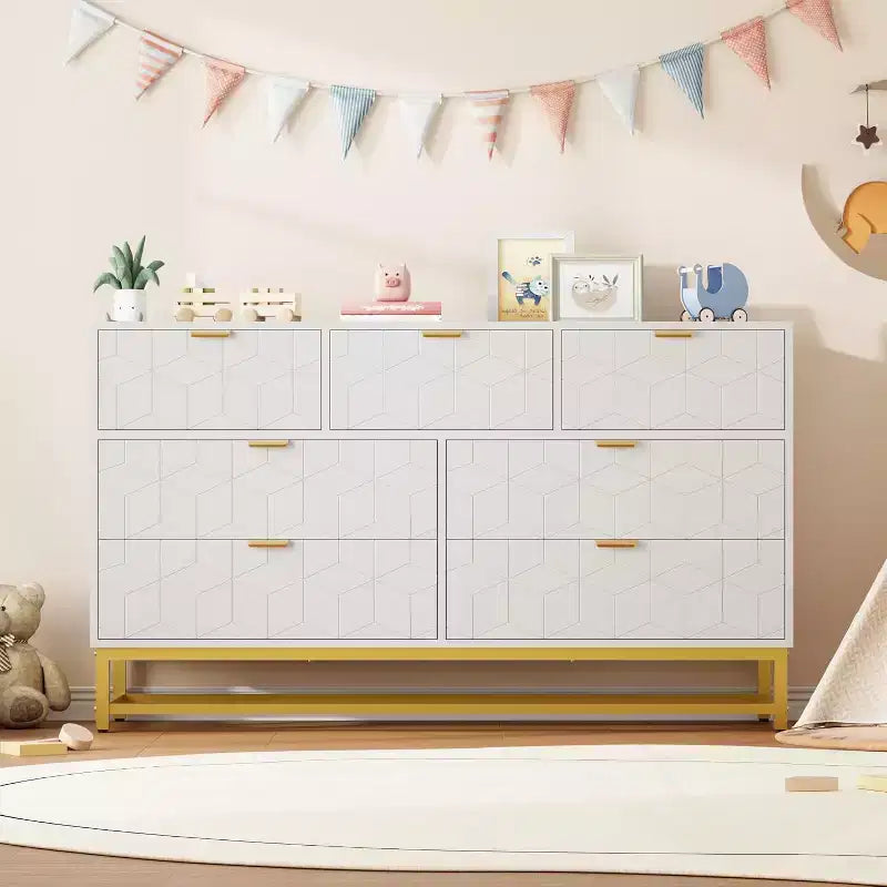53.5 Modern 7-Drawer Dresser with Gold Handles, Wide Storage Organizer for Bedroom, Living Room and Entryway