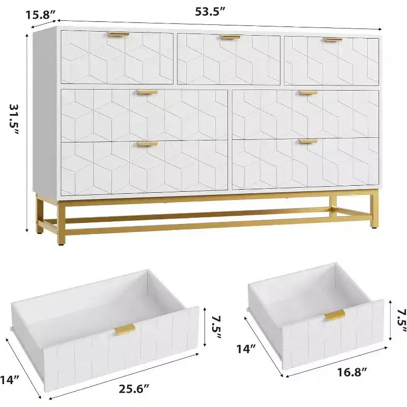 53.5 Modern 7-Drawer Dresser with Gold Handles, Wide Storage Organizer for Bedroom, Living Room and Entryway