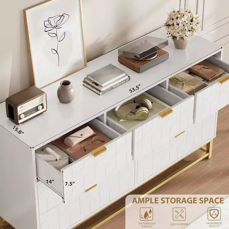 53.5 Modern 7-Drawer Dresser with Gold Handles, Wide Storage Organizer for Bedroom, Living Room and Entryway