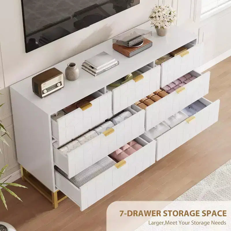 53.5 Modern 7-Drawer Dresser with Gold Handles, Wide Storage Organizer for Bedroom, Living Room and Entryway