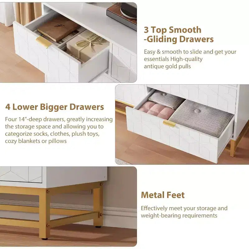 53.5 Modern 7-Drawer Dresser with Gold Handles, Wide Storage Organizer for Bedroom, Living Room and Entryway