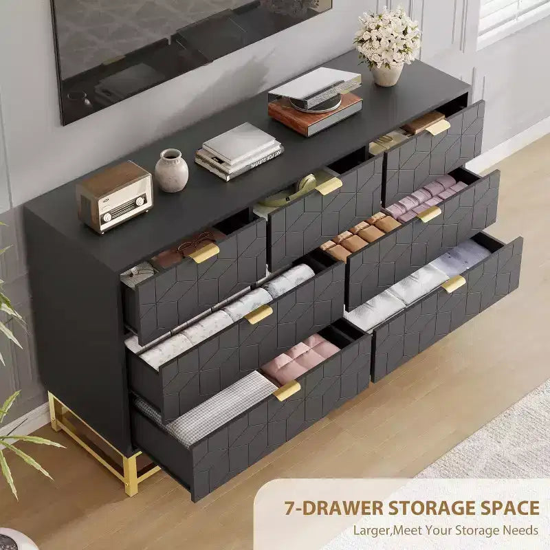 53.5 Modern 7-Drawer Dresser with Gold Handles, Wide Storage Organizer for Bedroom, Living Room and Entryway