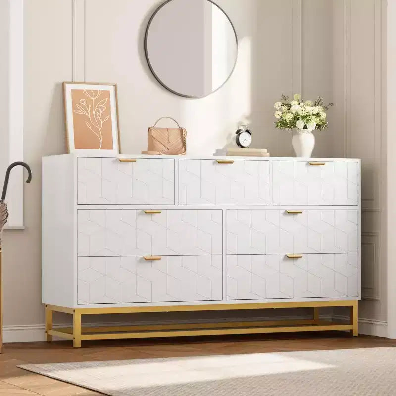 53.5 Modern 7-Drawer Dresser with Gold Handles, Wide Storage Organizer for Bedroom, Living Room and Entryway