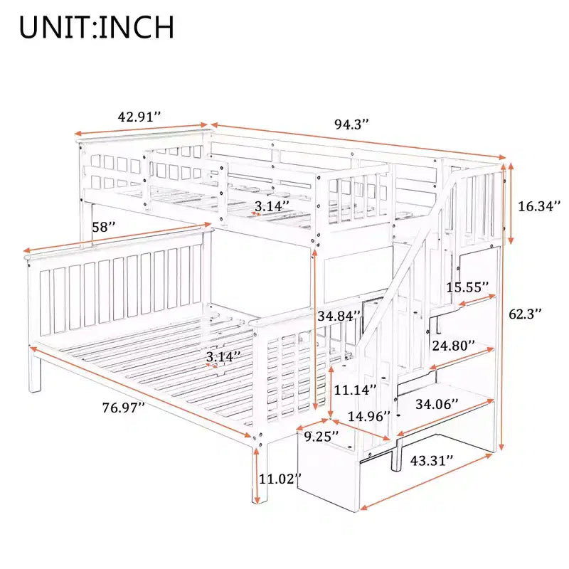 Whisen Twin-Over-Full Bunk Bed & Bed Frame with Stairway, Storage and Guard Rail