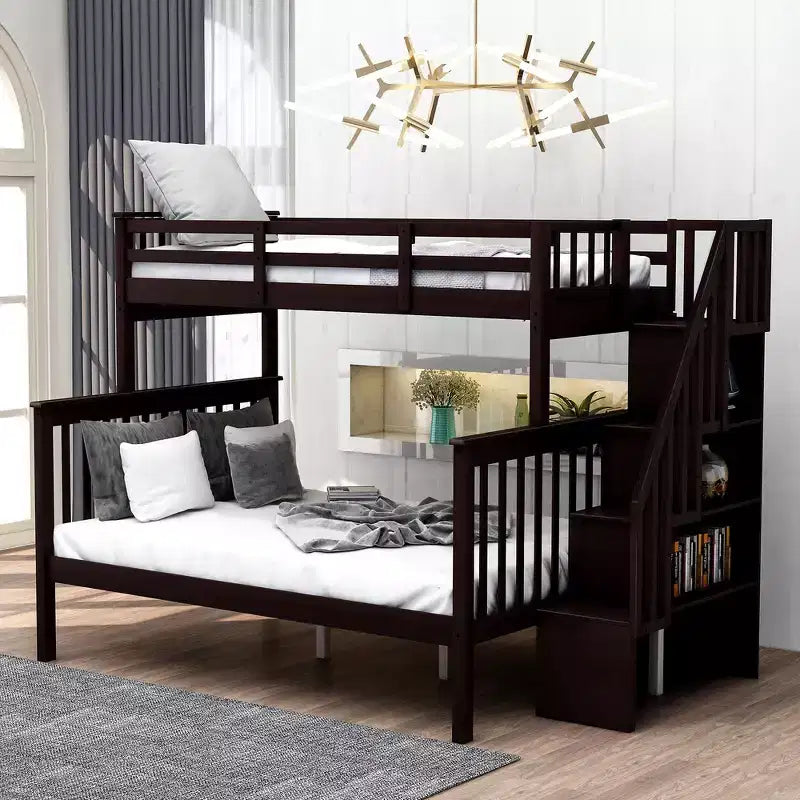 Whisen Twin-Over-Full Bunk Bed & Bed Frame with Stairway, Storage and Guard Rail
