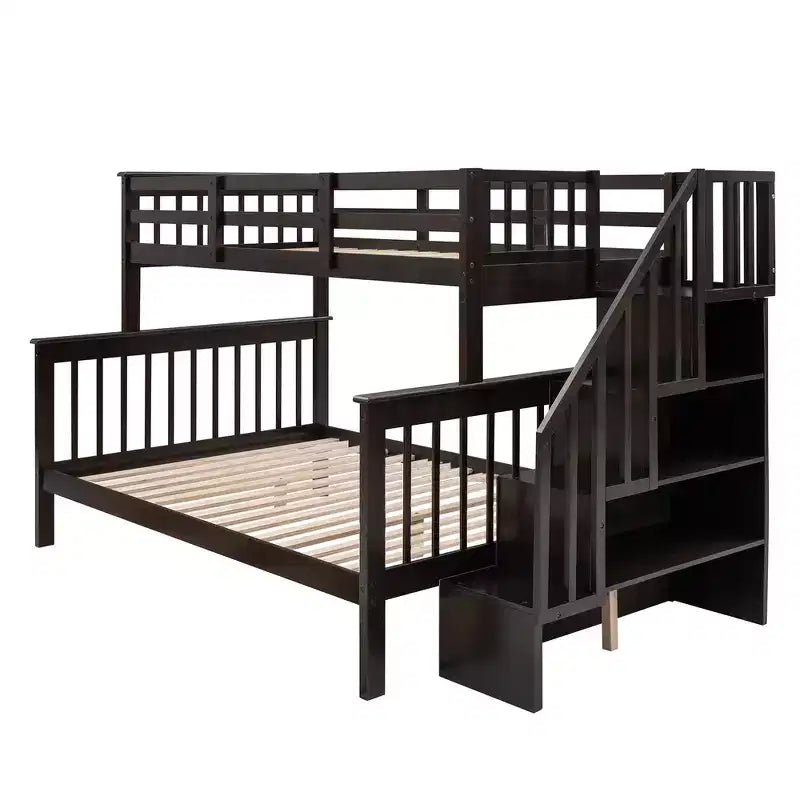 Whisen Twin-Over-Full Bunk Bed & Bed Frame with Stairway, Storage and Guard Rail