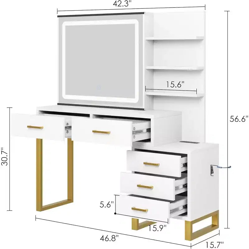 COZONY Makeup Vanity Desk with Sliding Mirror & Charging Station, LED Light with 3 Modes, 5 Large Drawers and 3-Tier Open Shelves, Bedroom Vanity