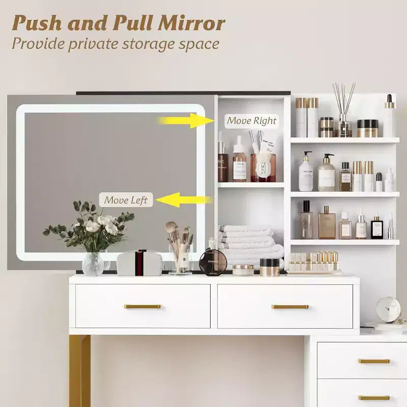 COZONY Makeup Vanity Desk with Sliding Mirror & Charging Station, LED Light with 3 Modes, 5 Large Drawers and 3-Tier Open Shelves, Bedroom Vanity