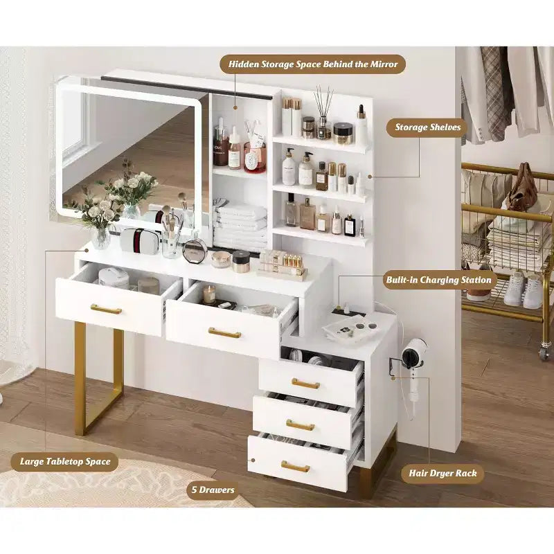 COZONY Makeup Vanity Desk with Sliding Mirror & Charging Station, LED Light with 3 Modes, 5 Large Drawers and 3-Tier Open Shelves, Bedroom Vanity