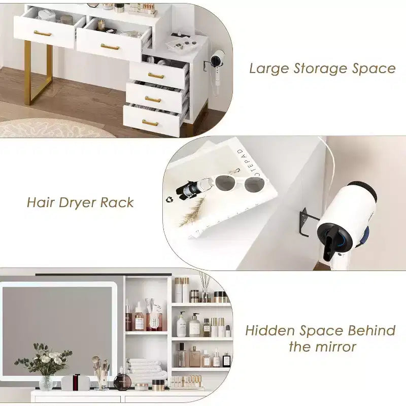 COZONY Makeup Vanity Desk with Sliding Mirror & Charging Station, LED Light with 3 Modes, 5 Large Drawers and 3-Tier Open Shelves, Bedroom Vanity