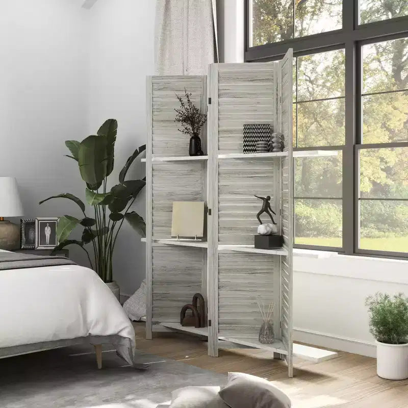 4-Panel Folding Room Divider, 6 Ft Freestanding Bamboo Privacy Screen Panel with Storage Shelves for Bedroom or Office