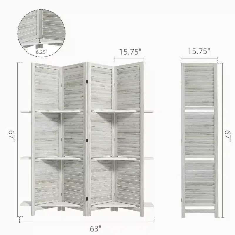 4-Panel Folding Room Divider, 6 Ft Freestanding Bamboo Privacy Screen Panel with Storage Shelves for Bedroom or Office