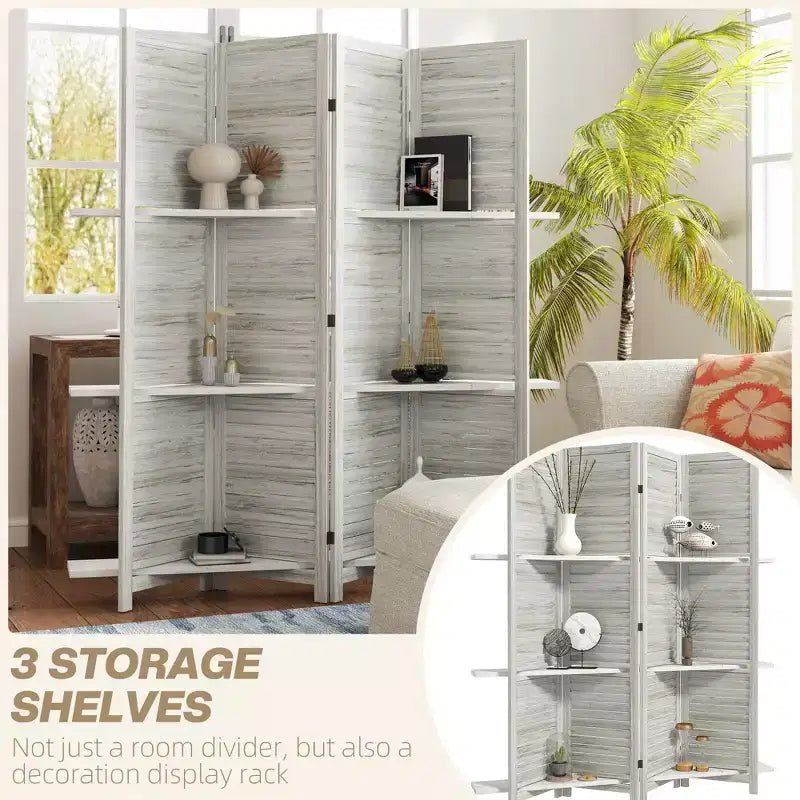 4-Panel Folding Room Divider, 6 Ft Freestanding Bamboo Privacy Screen Panel with Storage Shelves for Bedroom or Office