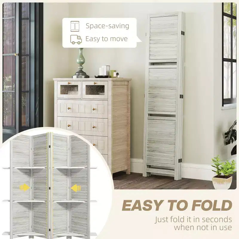 4-Panel Folding Room Divider, 6 Ft Freestanding Bamboo Privacy Screen Panel with Storage Shelves for Bedroom or Office