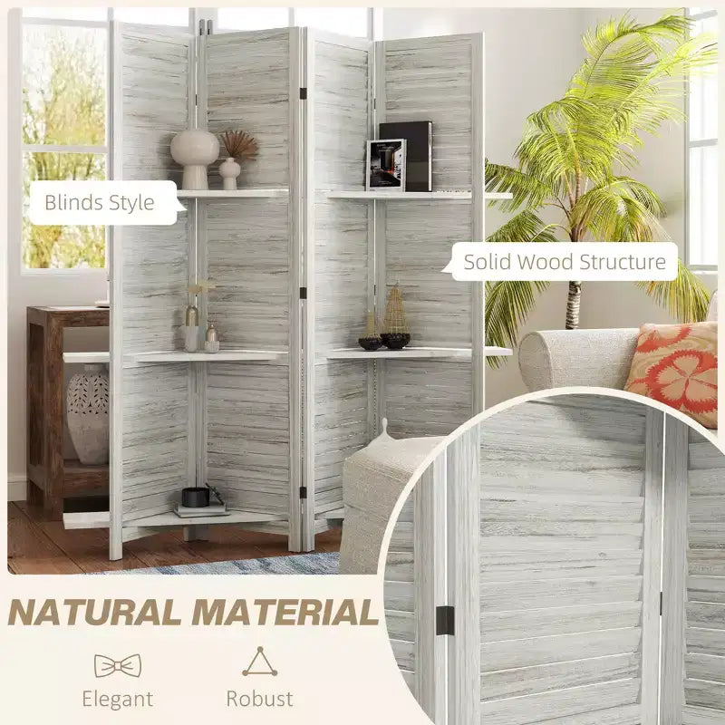 4-Panel Folding Room Divider, 6 Ft Freestanding Bamboo Privacy Screen Panel with Storage Shelves for Bedroom or Office