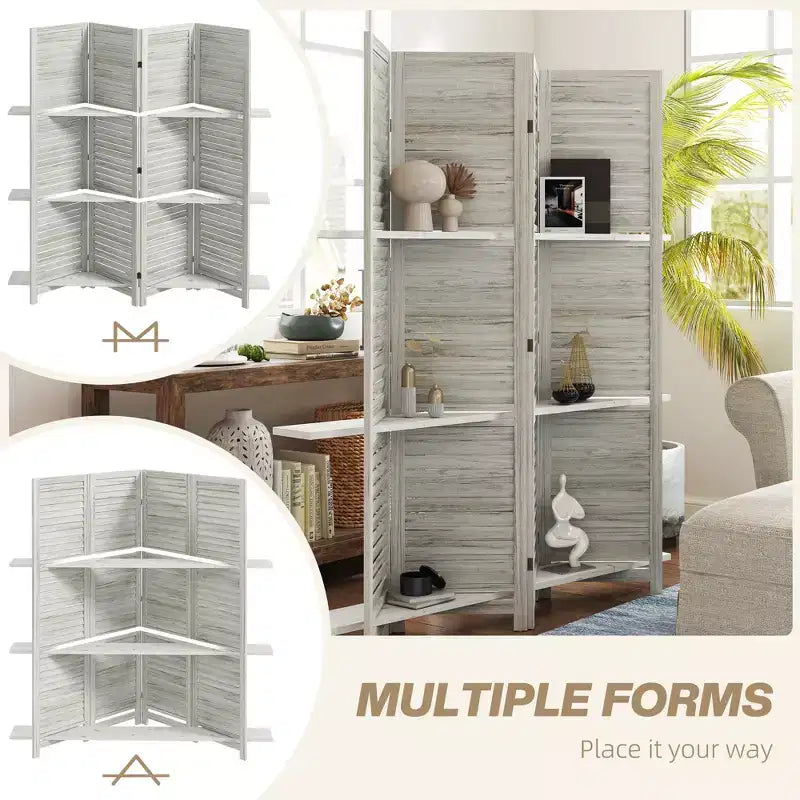4-Panel Folding Room Divider, 6 Ft Freestanding Bamboo Privacy Screen Panel with Storage Shelves for Bedroom or Office