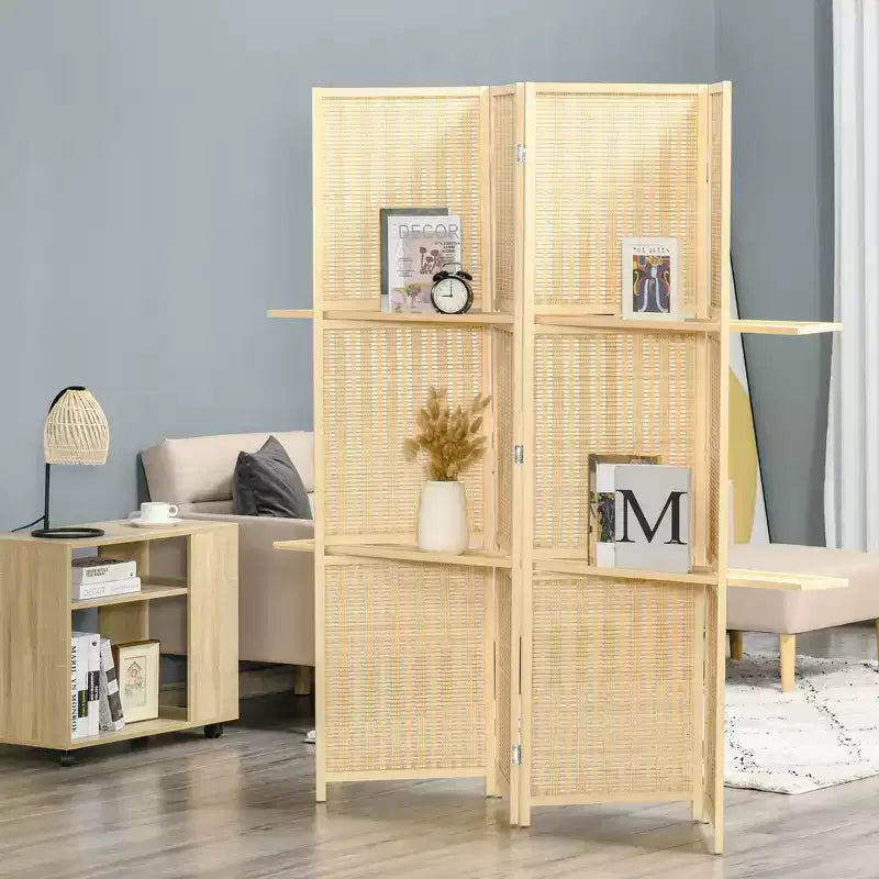 4-Panel Folding Room Divider, 6 Ft Freestanding Bamboo Privacy Screen Panel with Storage Shelves for Bedroom or Office