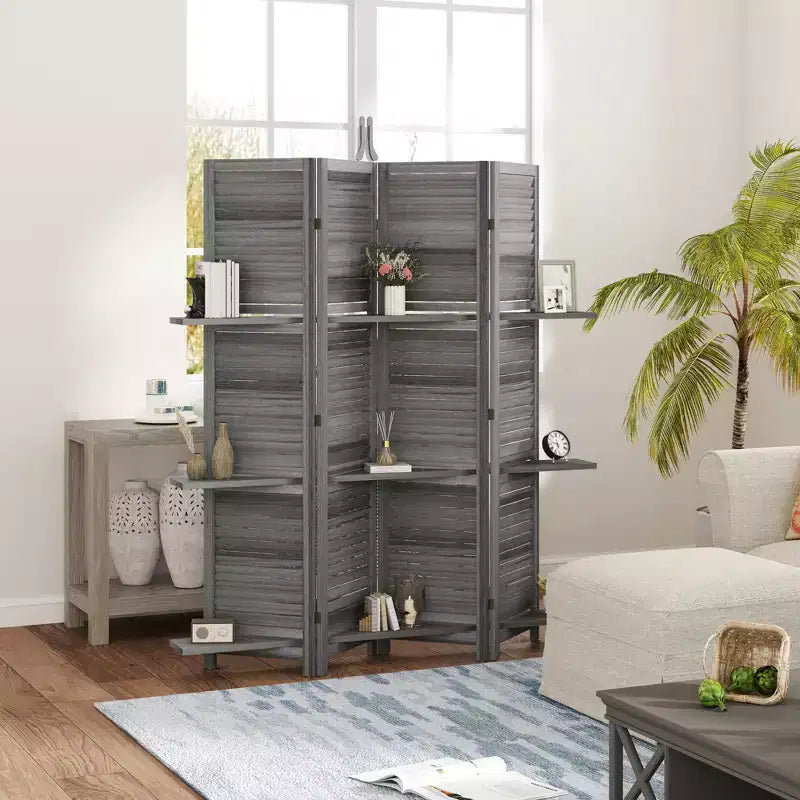 4-Panel Folding Room Divider, 6 Ft Freestanding Bamboo Privacy Screen Panel with Storage Shelves for Bedroom or Office