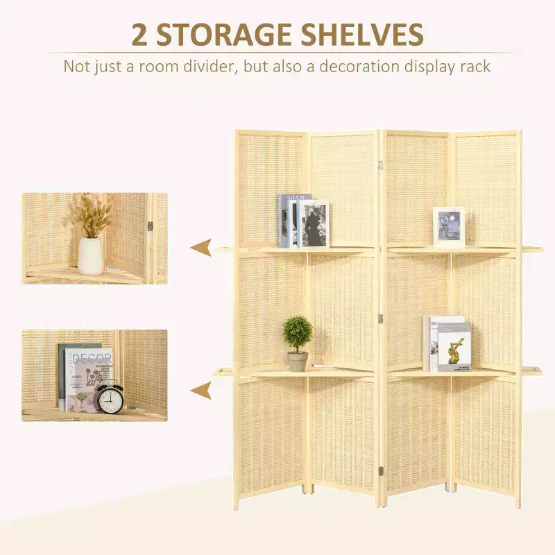 4-Panel Folding Room Divider, 6 Ft Freestanding Bamboo Privacy Screen Panel with Storage Shelves for Bedroom or Office