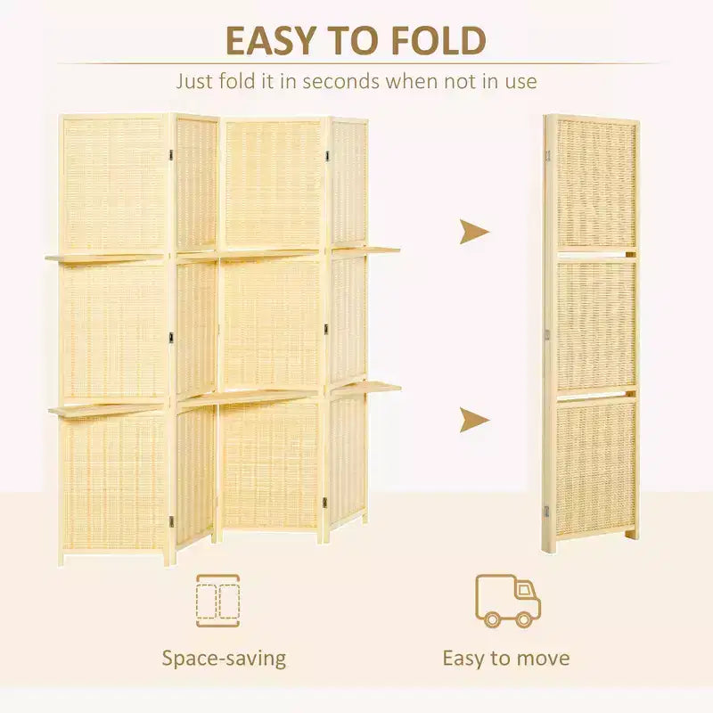 4-Panel Folding Room Divider, 6 Ft Freestanding Bamboo Privacy Screen Panel with Storage Shelves for Bedroom or Office
