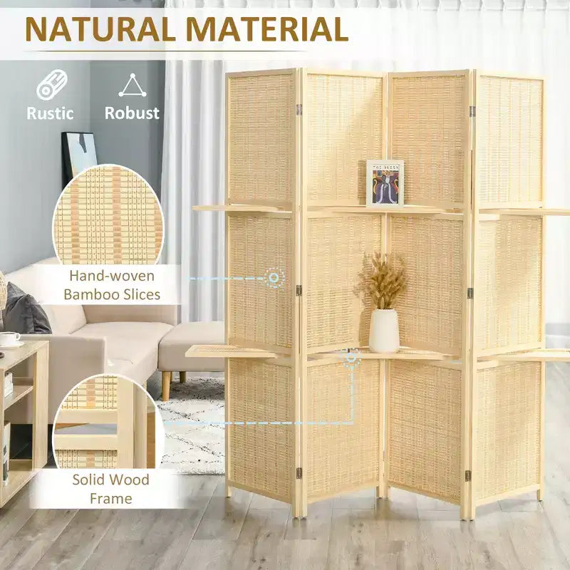 4-Panel Folding Room Divider, 6 Ft Freestanding Bamboo Privacy Screen Panel with Storage Shelves for Bedroom or Office