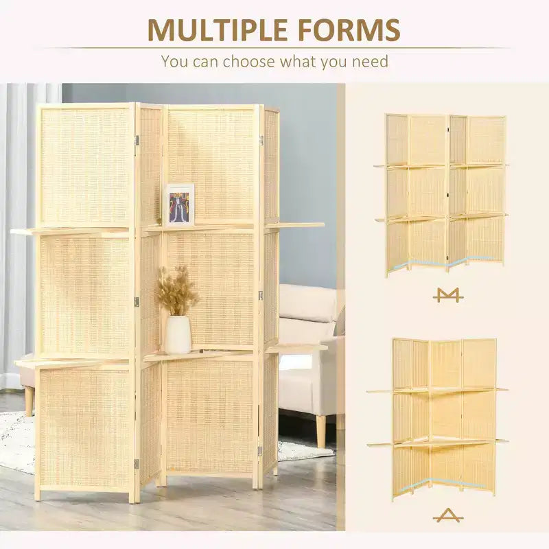 4-Panel Folding Room Divider, 6 Ft Freestanding Bamboo Privacy Screen Panel with Storage Shelves for Bedroom or Office
