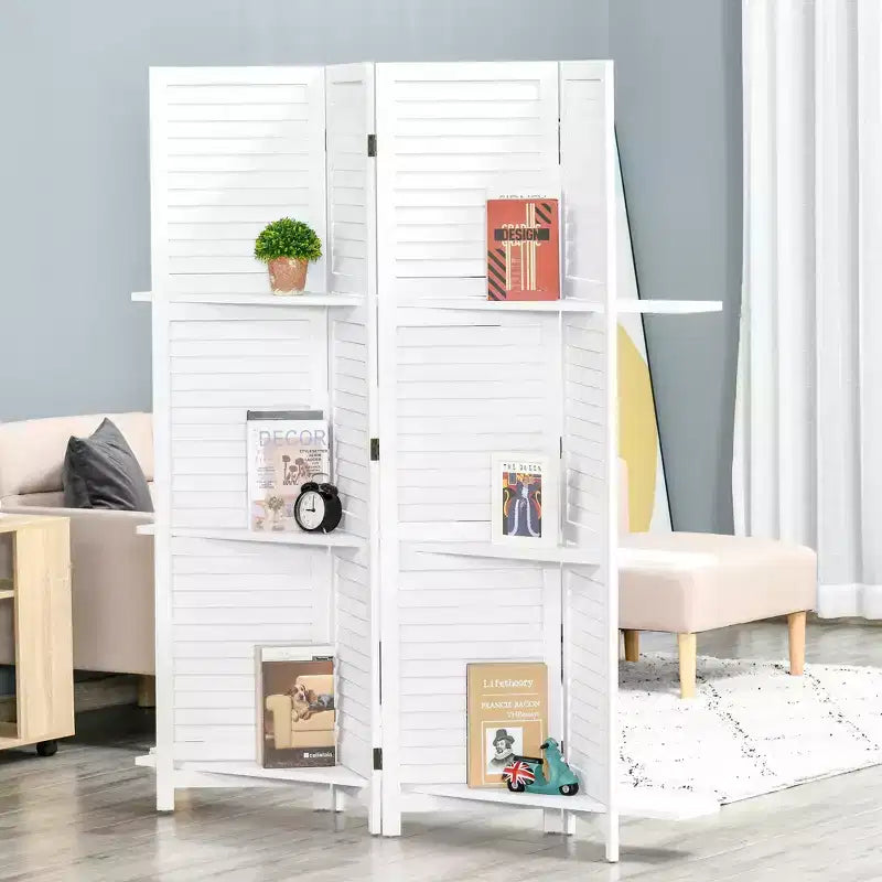 4-Panel Folding Room Divider, 6 Ft Freestanding Bamboo Privacy Screen Panel with Storage Shelves for Bedroom or Office
