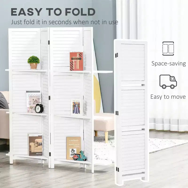 4-Panel Folding Room Divider, 6 Ft Freestanding Bamboo Privacy Screen Panel with Storage Shelves for Bedroom or Office