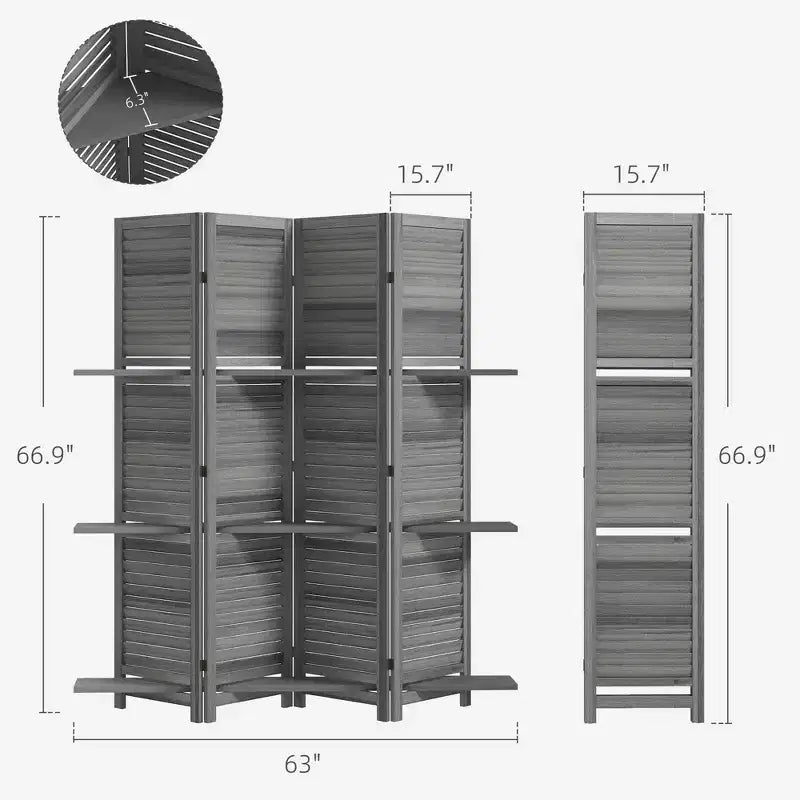 4-Panel Folding Room Divider, 6 Ft Freestanding Bamboo Privacy Screen Panel with Storage Shelves for Bedroom or Office