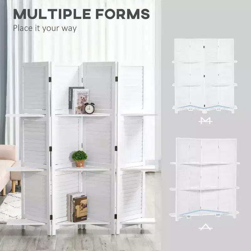4-Panel Folding Room Divider, 6 Ft Freestanding Bamboo Privacy Screen Panel with Storage Shelves for Bedroom or Office