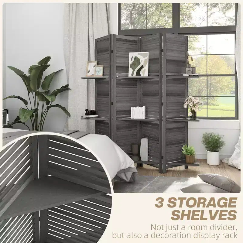 4-Panel Folding Room Divider, 6 Ft Freestanding Bamboo Privacy Screen Panel with Storage Shelves for Bedroom or Office