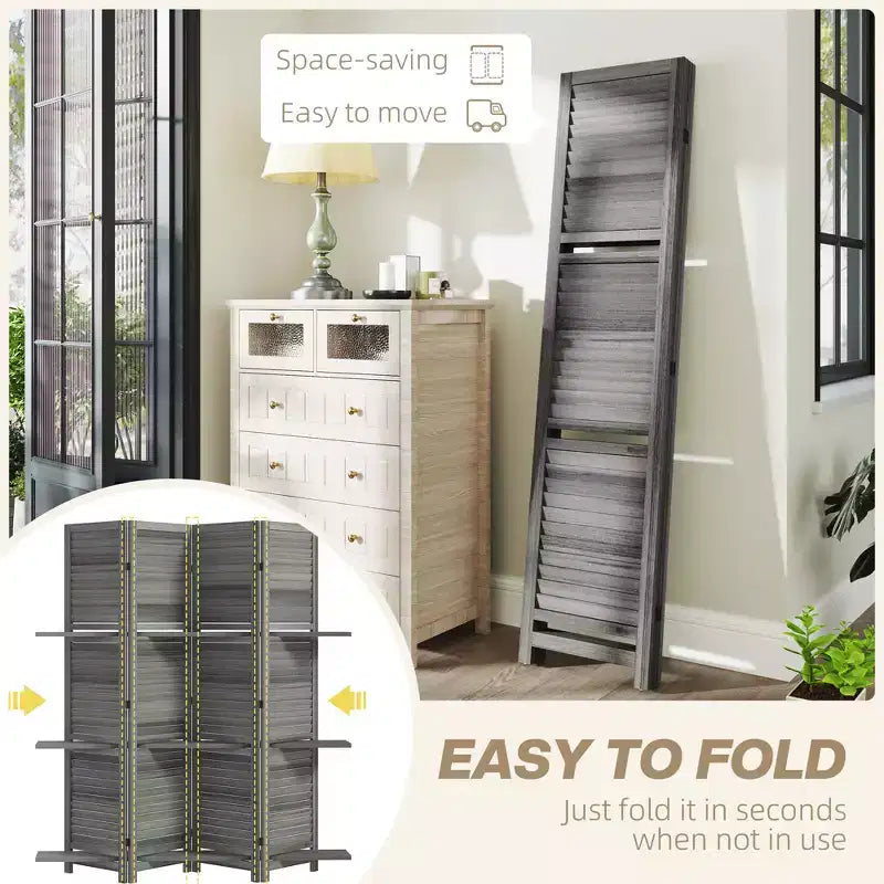 4-Panel Folding Room Divider, 6 Ft Freestanding Bamboo Privacy Screen Panel with Storage Shelves for Bedroom or Office