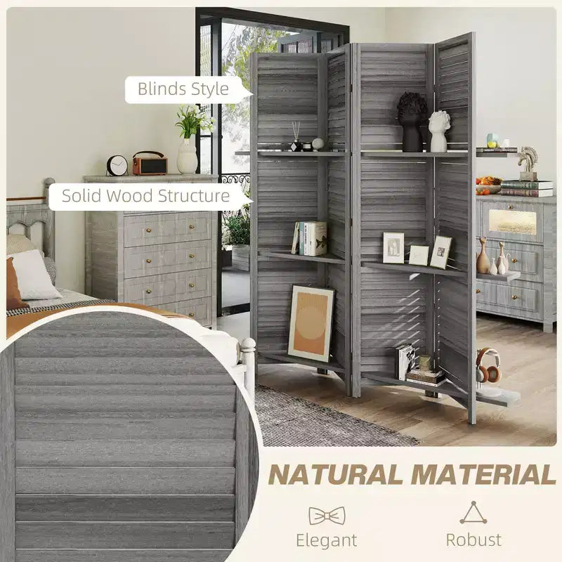 4-Panel Folding Room Divider, 6 Ft Freestanding Bamboo Privacy Screen Panel with Storage Shelves for Bedroom or Office
