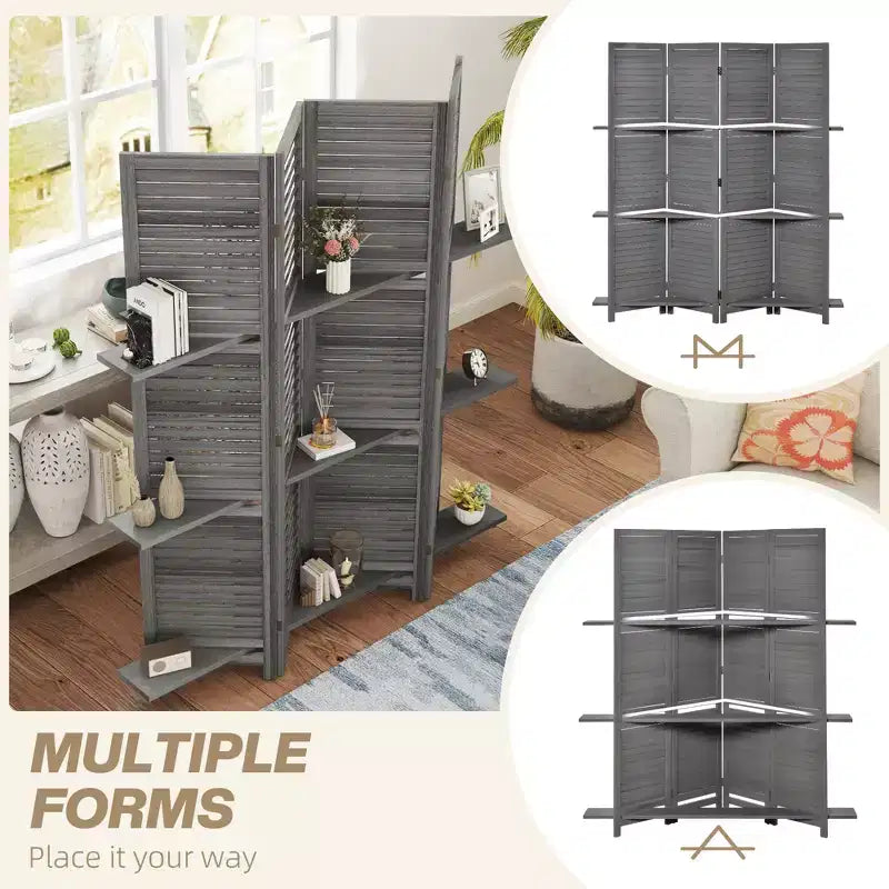 4-Panel Folding Room Divider, 6 Ft Freestanding Bamboo Privacy Screen Panel with Storage Shelves for Bedroom or Office
