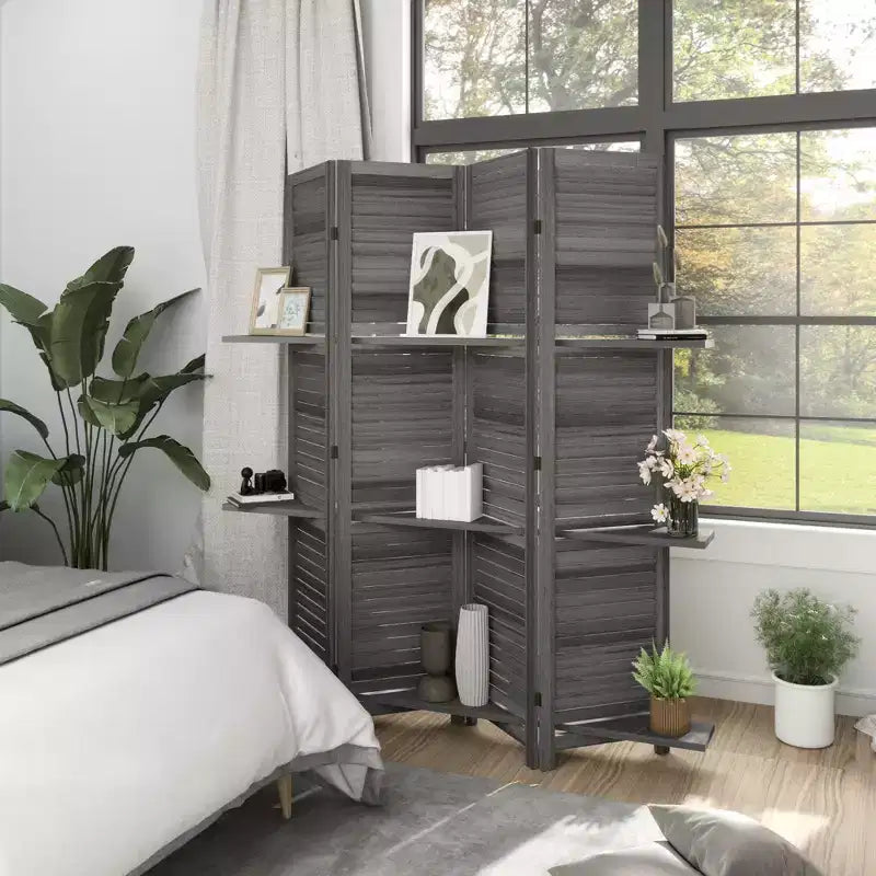 4-Panel Folding Room Divider, 6 Ft Freestanding Bamboo Privacy Screen Panel with Storage Shelves for Bedroom or Office