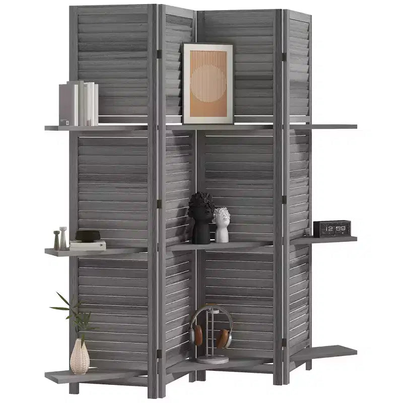 4-Panel Folding Room Divider, 6 Ft Freestanding Bamboo Privacy Screen Panel with Storage Shelves for Bedroom or Office