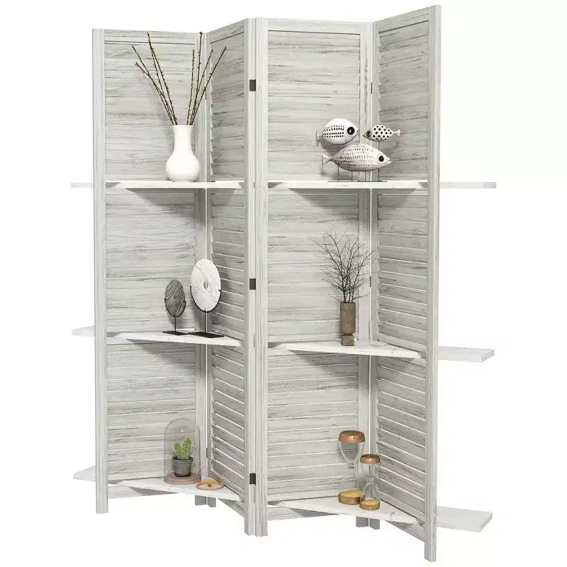 4-Panel Folding Room Divider, 6 Ft Freestanding Bamboo Privacy Screen Panel with Storage Shelves for Bedroom or Office