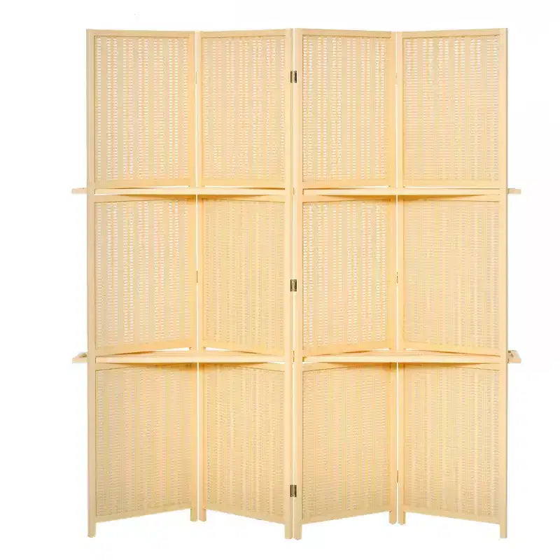 4-Panel Folding Room Divider, 6 Ft Freestanding Bamboo Privacy Screen Panel with Storage Shelves for Bedroom or Office
