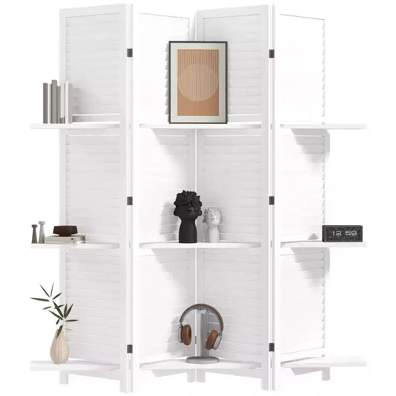 4-Panel Folding Room Divider, 6 Ft Freestanding Bamboo Privacy Screen Panel with Storage Shelves for Bedroom or Office