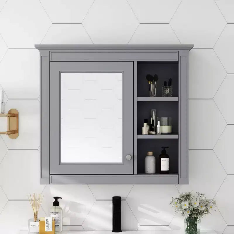 MAYEERTY 28 Medicine Cabinet, Wall Mounted Bathroom Storage Cabinet with Mirror 3 Open Shelves Modern Gray