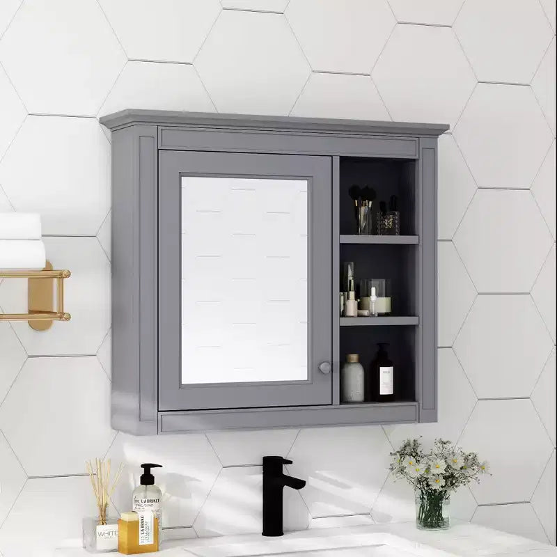 MAYEERTY 28 Medicine Cabinet, Wall Mounted Bathroom Storage Cabinet with Mirror 3 Open Shelves Modern Gray