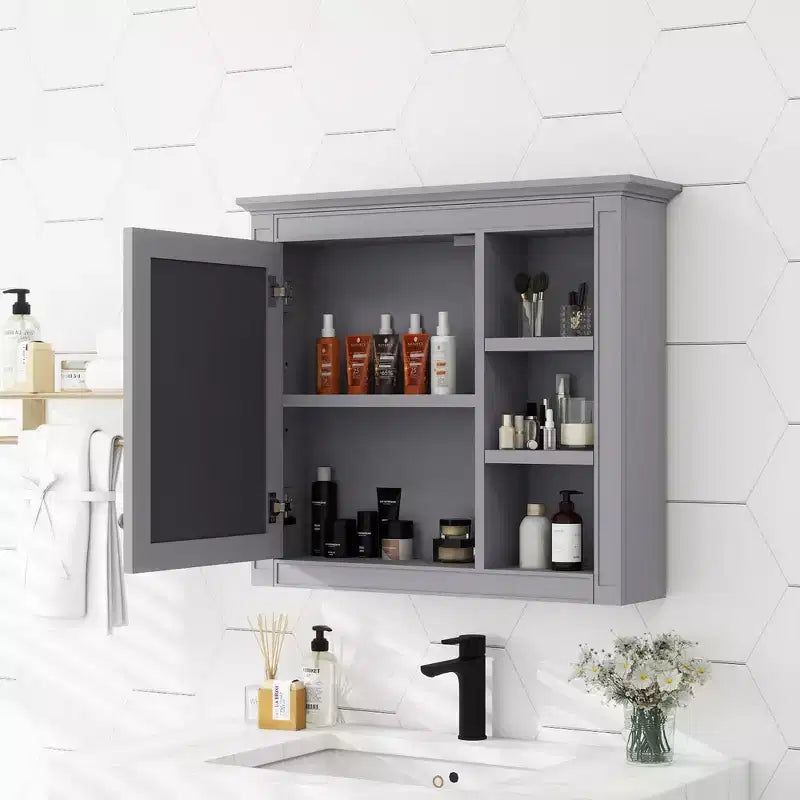 MAYEERTY 28 Medicine Cabinet, Wall Mounted Bathroom Storage Cabinet with Mirror 3 Open Shelves Modern Gray