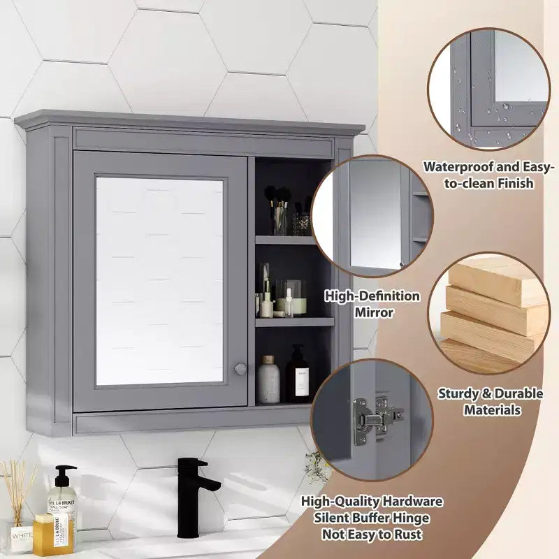 MAYEERTY 28 Medicine Cabinet, Wall Mounted Bathroom Storage Cabinet with Mirror 3 Open Shelves Modern Gray