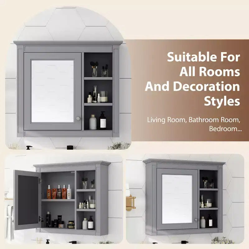 MAYEERTY 28 Medicine Cabinet, Wall Mounted Bathroom Storage Cabinet with Mirror 3 Open Shelves Modern Gray