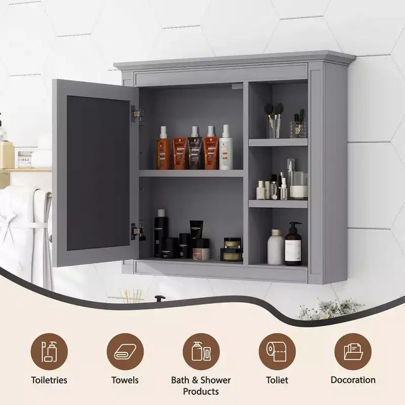 MAYEERTY 28 Medicine Cabinet, Wall Mounted Bathroom Storage Cabinet with Mirror 3 Open Shelves Modern Gray