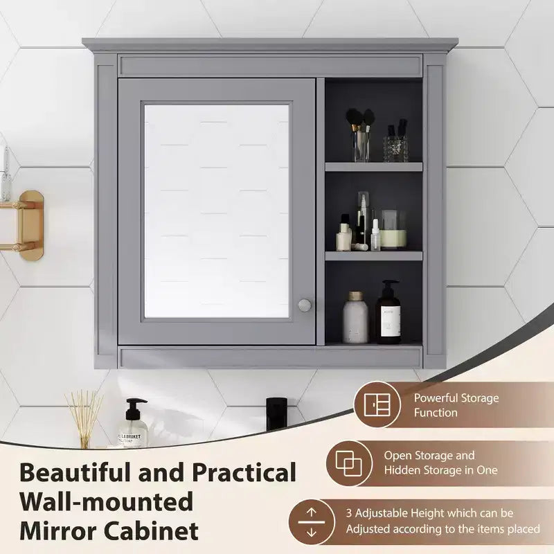 MAYEERTY 28 Medicine Cabinet, Wall Mounted Bathroom Storage Cabinet with Mirror 3 Open Shelves Modern Gray