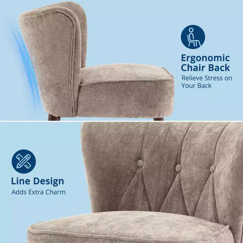 Modern Accent Chair, Upholstered Armless Lounge Chair with Tufted Fabric and Wood Legs, Reading and Makeup Vanity Side Chair Light Tan