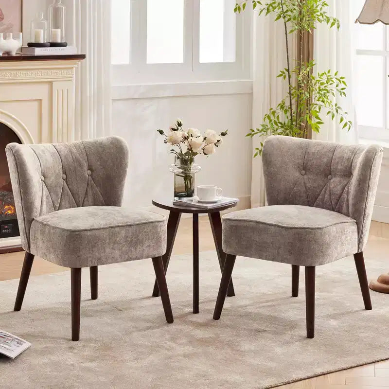Modern Accent Chair, Upholstered Armless Lounge Chair with Tufted Fabric and Wood Legs, Reading and Makeup Vanity Side Chair Light Tan