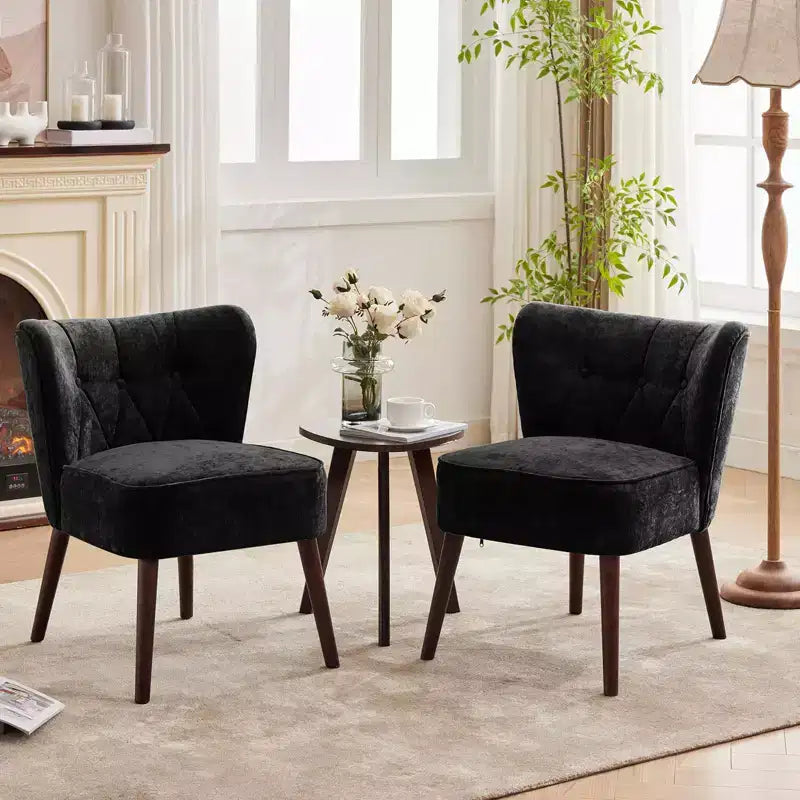 Modern Accent Chair, Upholstered Armless Lounge Chair with Tufted Fabric and Wood Legs, Reading and Makeup Vanity Side Chair Light Tan
